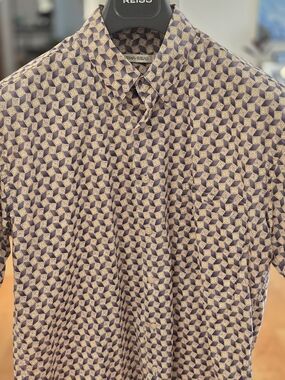 Burma Bibas Mens Geometric Navy/Beige Single Cotton Lawn Vintage SS Shirt (M)